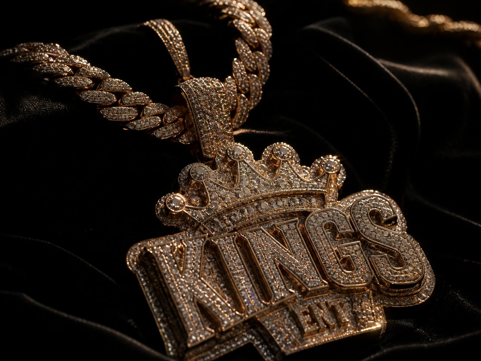 Iced out custom gold pendant on black velvet